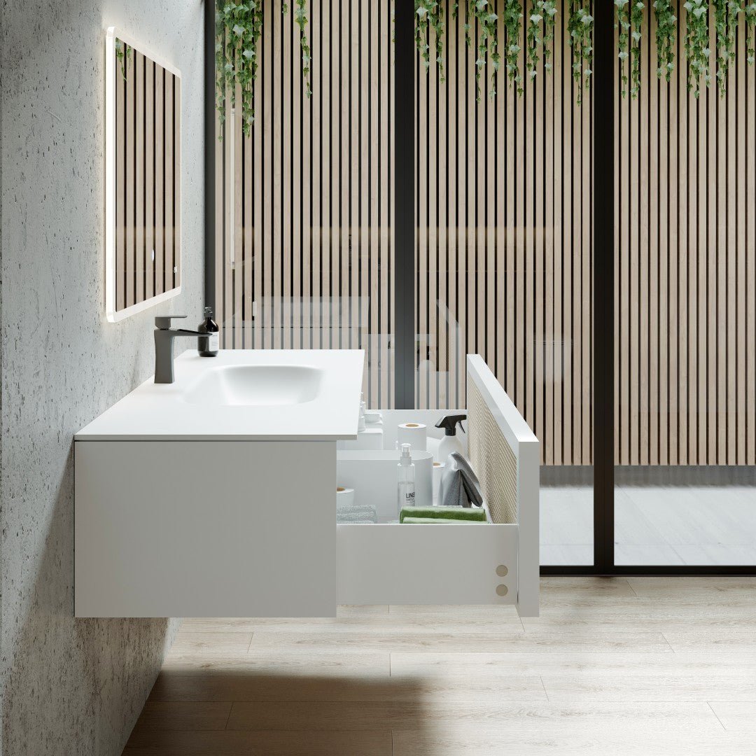 Nets 44 in. Natural Oak/White Wall Mount Single Sink Bath Vanity with Solid Surface Top and Integrated Sink - Bathroom Vanity by Eviva