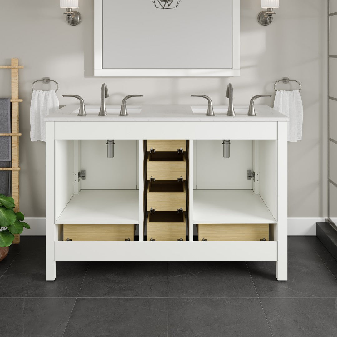Aberdeen 48 in. White Double Sink Bath Vanity with Carrara Quartz Top and Undermount Porcelain Sinks