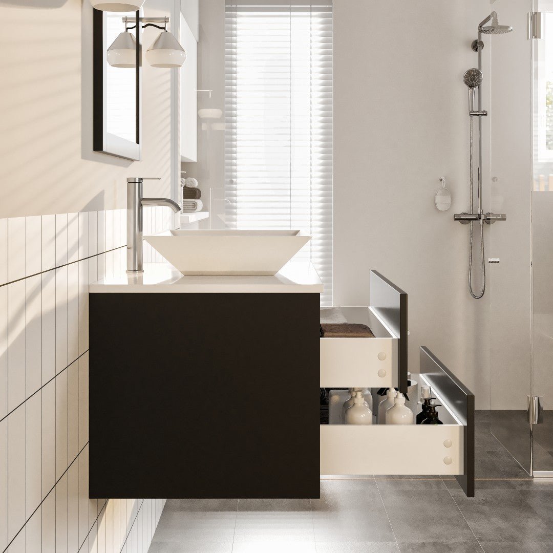 Wave 24 in. Espresso Wall Mount Single Sink Bath Vanity with White Quartz Top and Vessel Porcelain Sink - Bathroom Vanity by Eviva