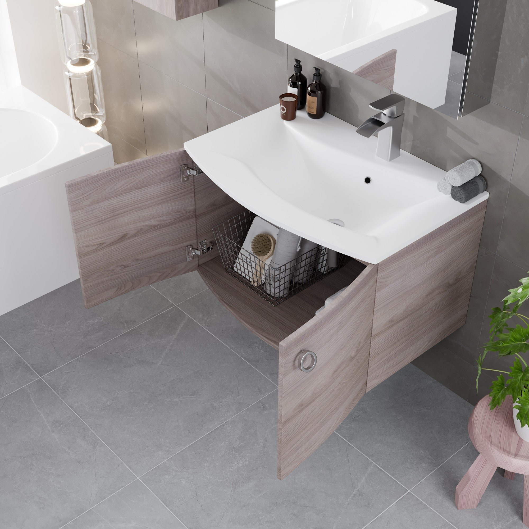 Romina 28 in. Gray Oak Wall Mount Single Sink Bath Vanity with Acrylic Top and Integrated Sink