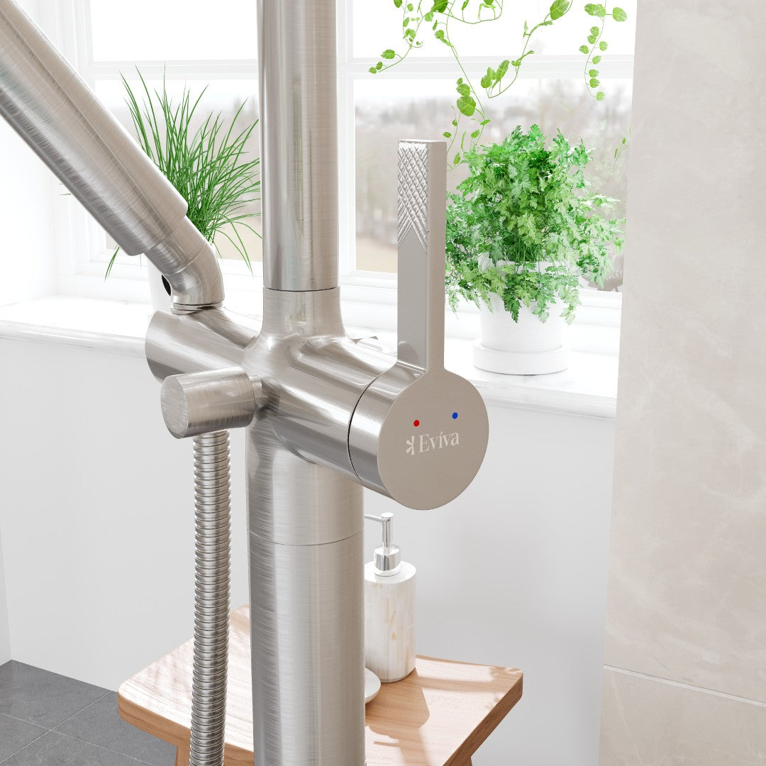 Eviva Modem Single-Handle Freestanding Tub Faucet with Hand Shower in Brushed Nickel