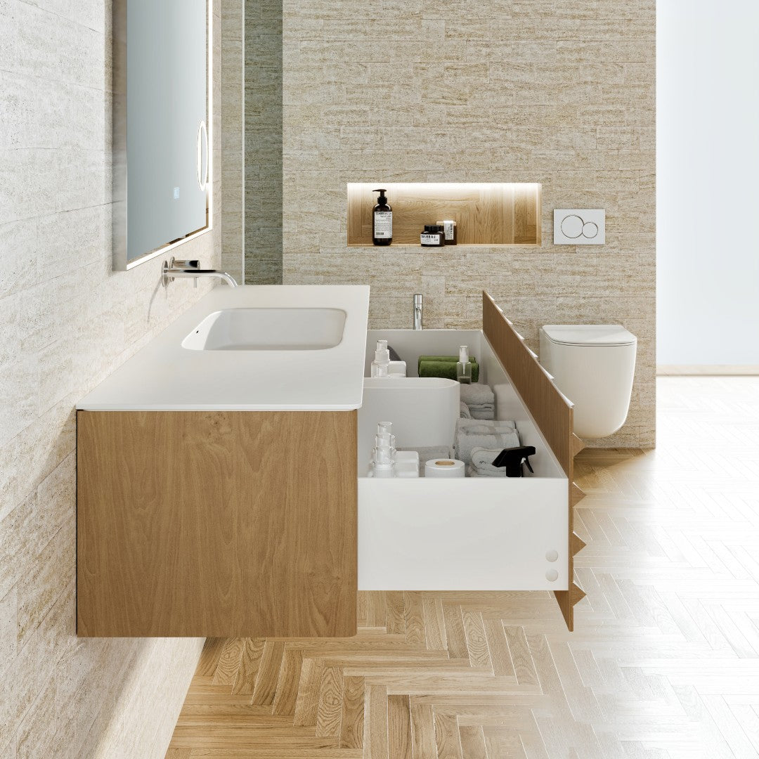 Oahu 55 in. Oak Wall Mount Single Sink Bath Vanity with Solid Surface Top and Integrated Sink