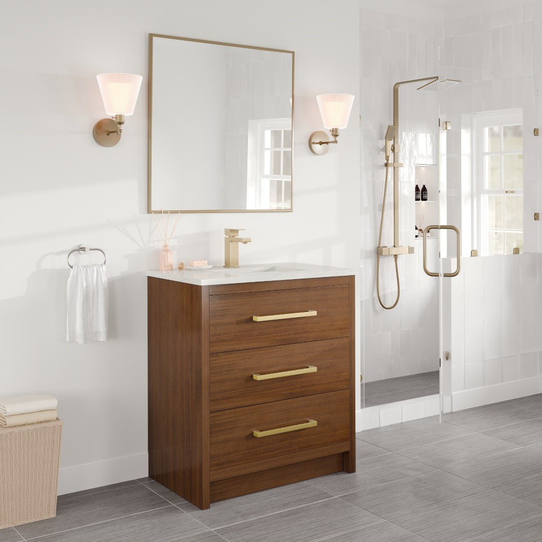 Curio 30 in. Walnut Single Sink Bath Vanity with Carrara Quartz Top and Undermount Porcelain Sink - Bathroom Vanity by Eviva