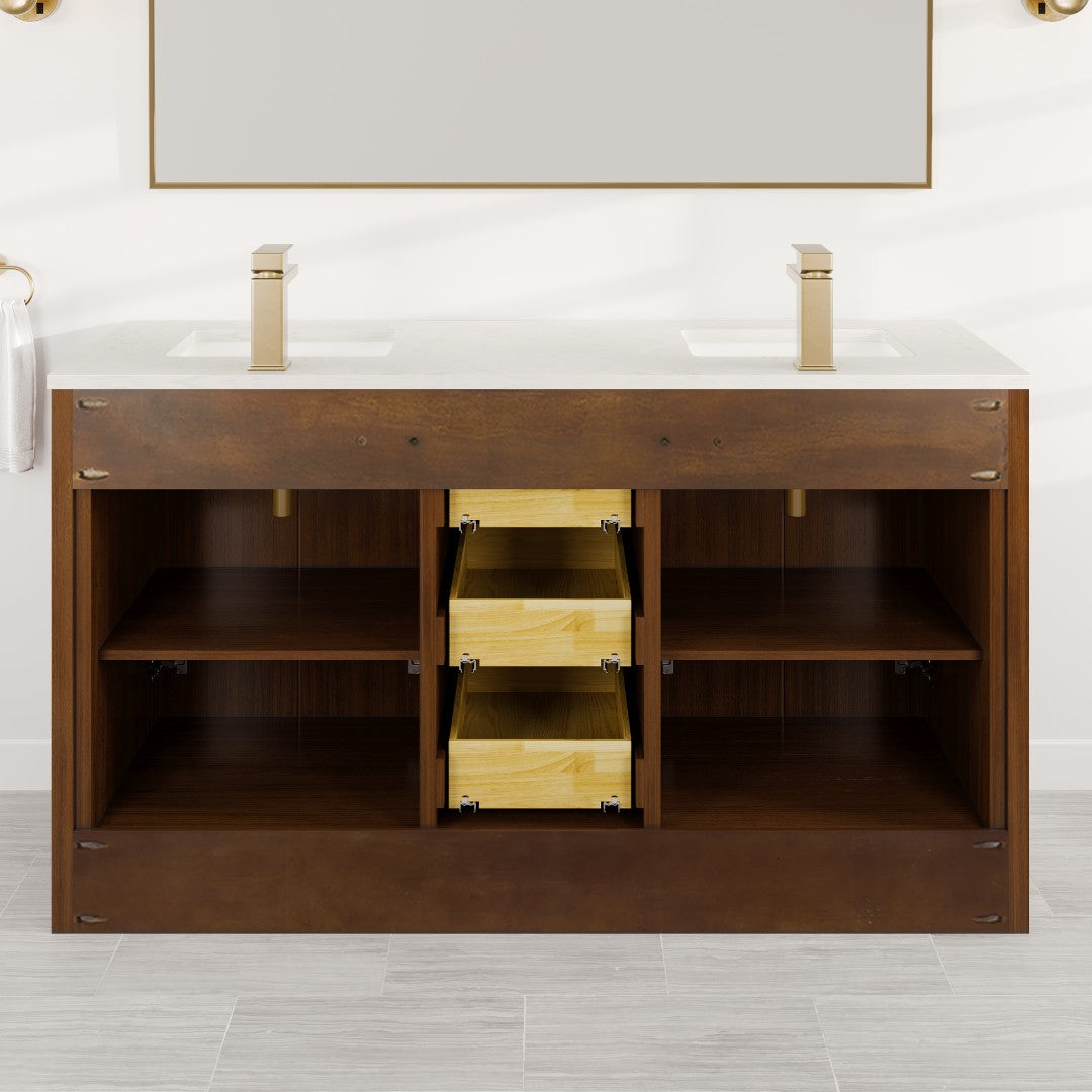 Curio 60 in. Walnut Double Sink  Bath Vanity with Carrara Quartz Top and Undermount Porcelain Sinks