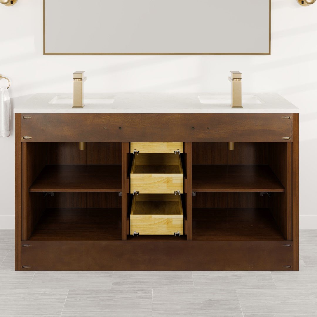 Curio 60 in. Walnut Double Sink Bath Vanity with Carrara Quartz Top and Undermount Porcelain Sinks - Bathroom Vanity by Eviva