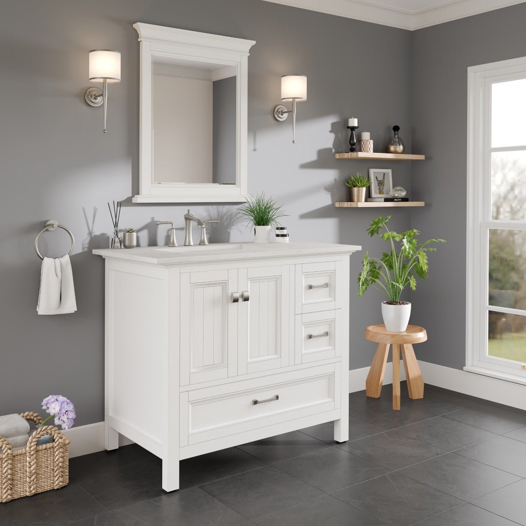Britney 36 in. White Single Sink Bath Vanity with Carrara Quartz Top and Undermount Porcelain Sink - Bathroom Vanity by Eviva