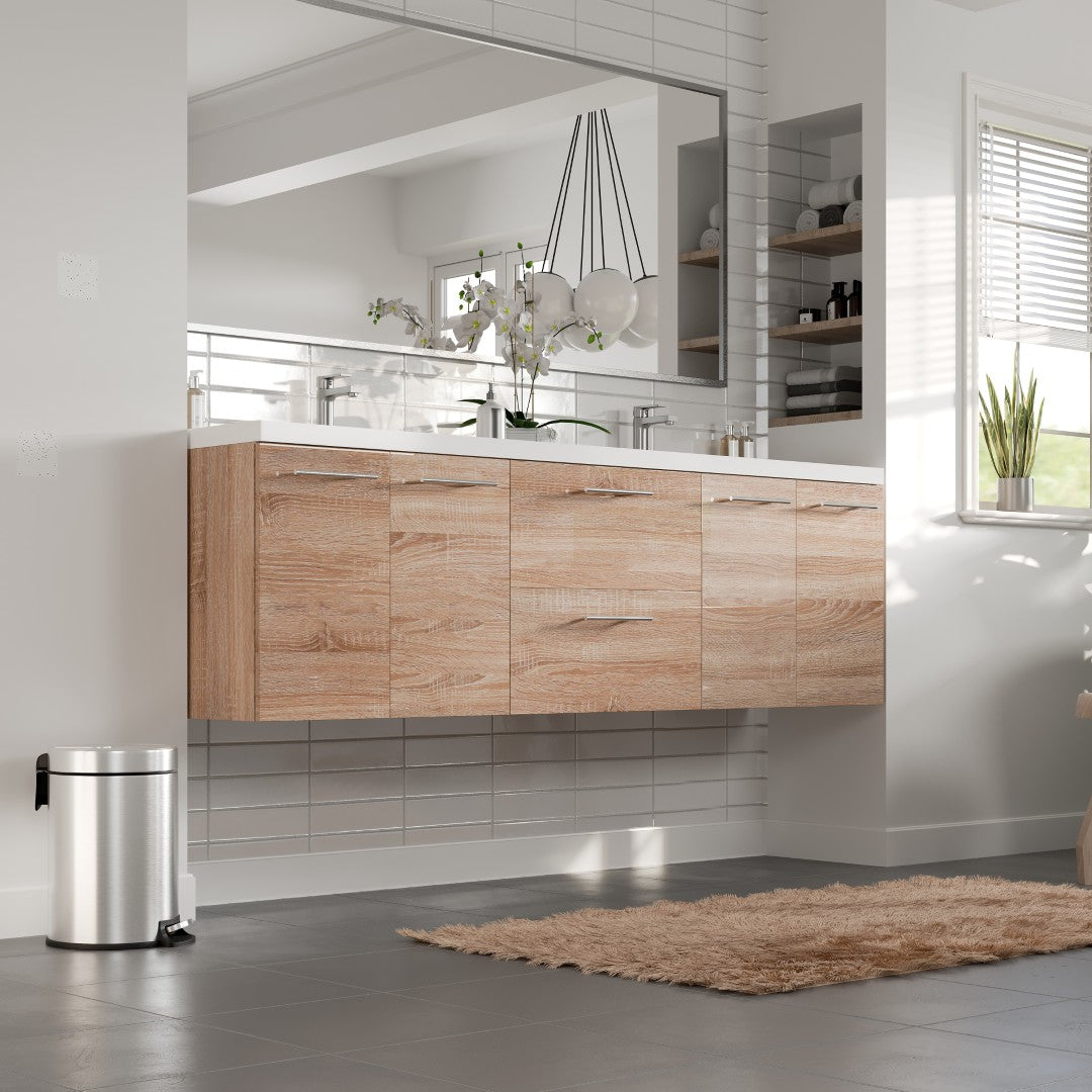 Axis 72 in. White Oak Wall Mount Double Sink Bath Vanity with Acrylic Top and Integrated Sinks
