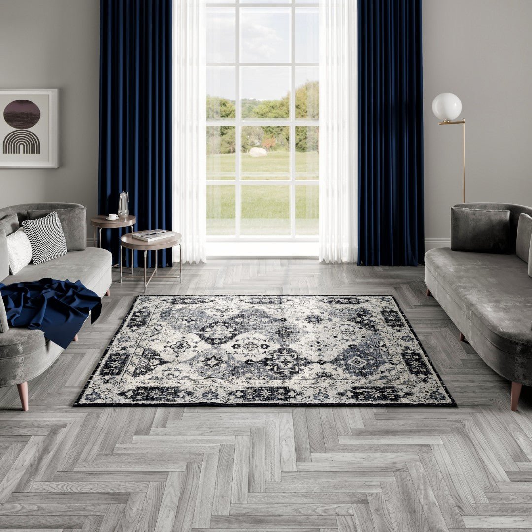 Eviva Mosaic 3' x 5' Damask Blue/Gray Rug - Rug by Eviva