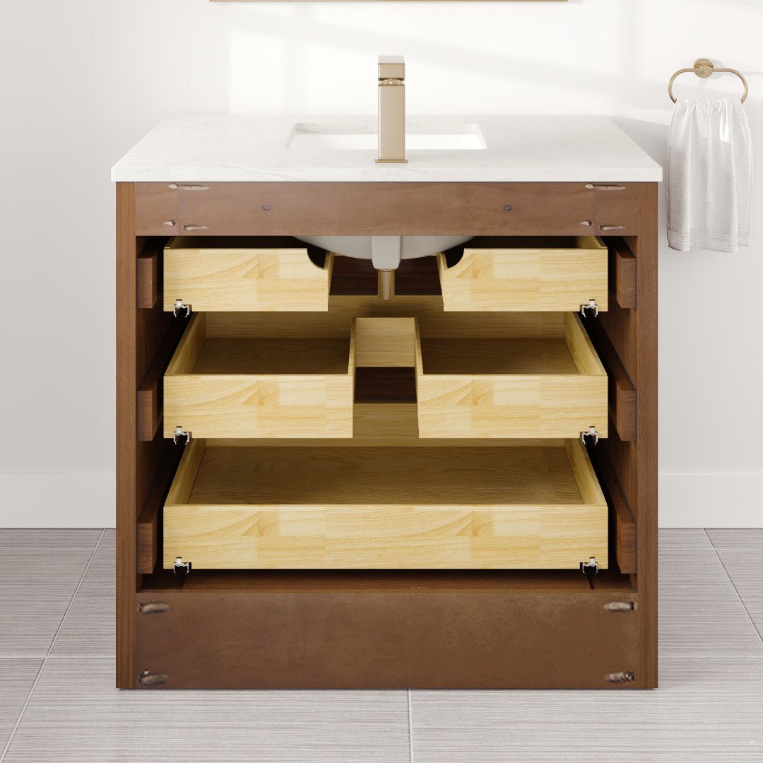 Curio 36 in. Walnut Single Sink Bath Vanity with Carrara Quartz Top and Undermount Porcelain Sink - Bathroom Vanity by Eviva