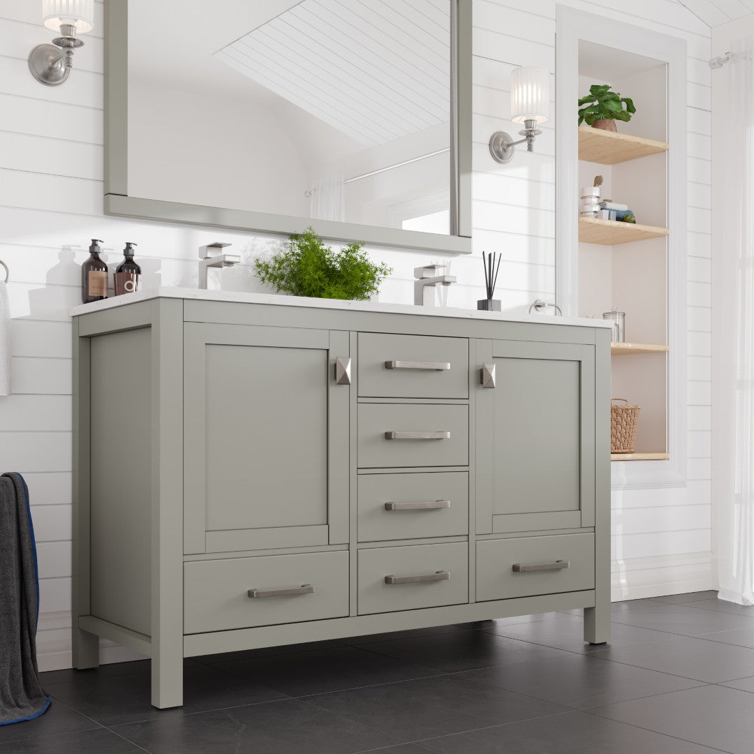 London 54 in. Gray Double Sink Bath Vanity with Carrara Quartz Top and Undermount Porcelain Sinks