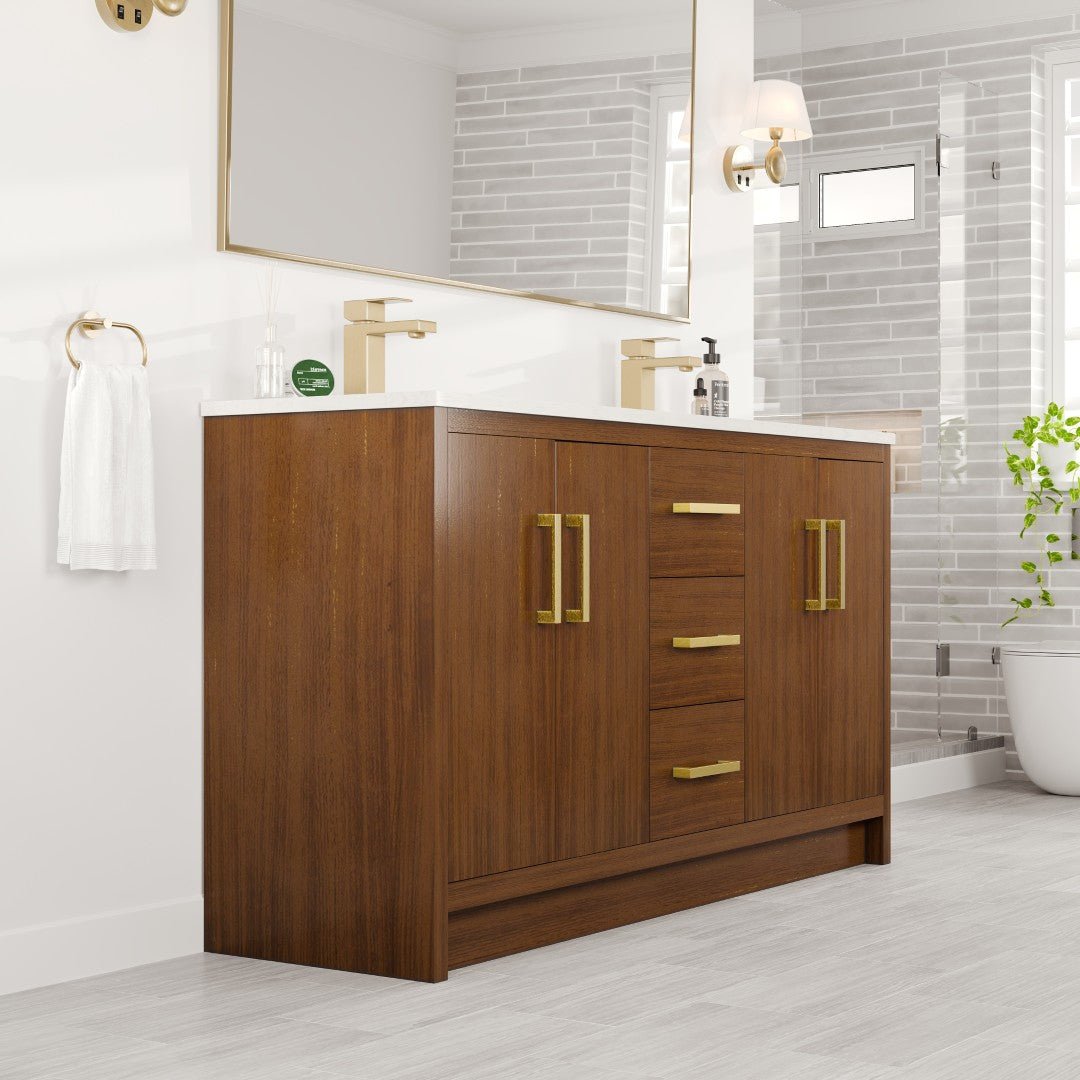 Curio 60 in. Walnut Double Sink Bath Vanity with Carrara Quartz Top and Undermount Porcelain Sinks - Bathroom Vanity by Eviva