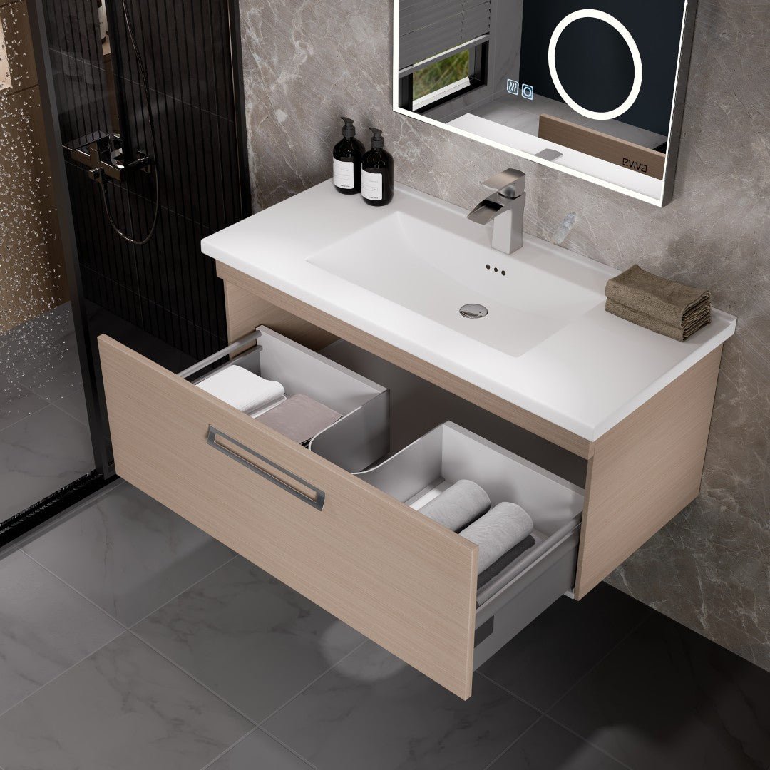 Orleans 38 in. Light Oak Wall Mount Single Sink Bath Vanity with Porcelain Top and Integrated Sink - Bathroom Vanity by Eviva