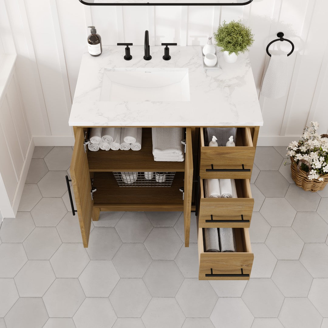 Graham 36 in. Oak Single Sink Bath Vanity with Arabescato Engineered Stone Top and Undermount Porcelain Sink