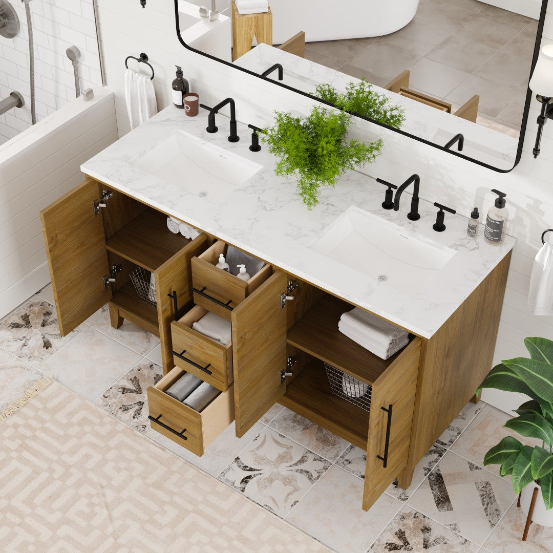Graham 60 in. Oak Double Sink Bath Vanity with Arabescato Engineered Stone Top and Undermount Porcelain Sinks