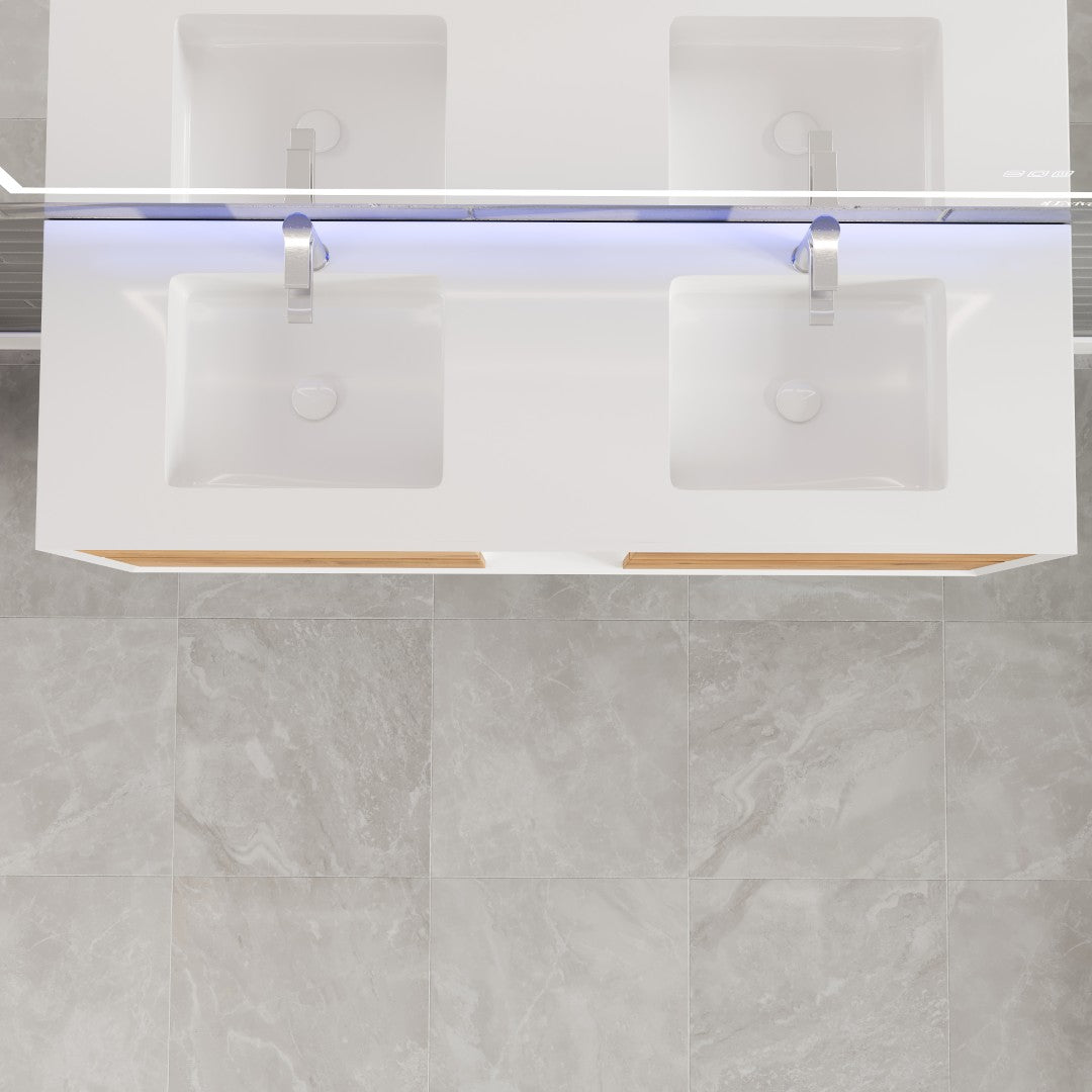 Vienna 60" WH Oak Wall Mount Double Sink Bath Vanity with Acrylic Top and Integrated Sinks