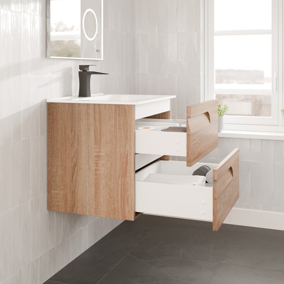 Joy 24 in. Maple Wall Mount Single Sink Bath Vanity with Porcelain Top and Integrated Sink - Bathroom Vanity by Eviva