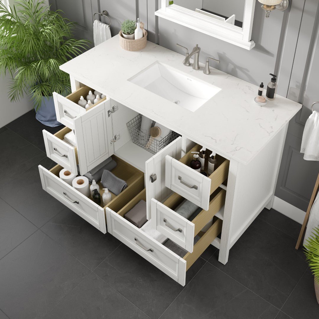 Britney 48 in. White Single Sink Bath Vanity with Carrara Quartz Top and Undermount Porcelain Sink - Bathroom Vanity by Eviva