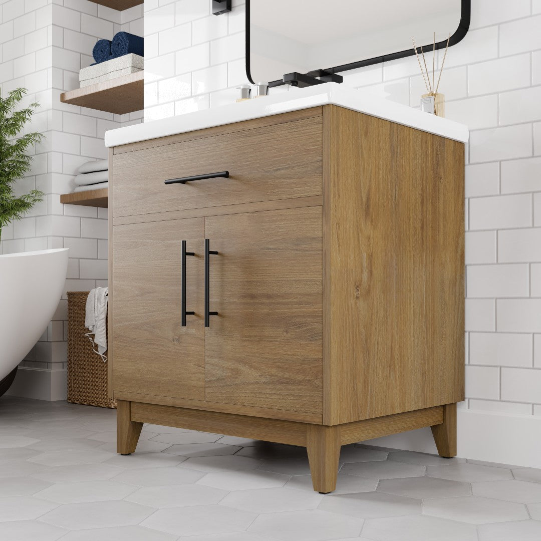 Graham 30 in. Oak Single Sink Bath Vanity with Porcelain Top and Integrated Sink