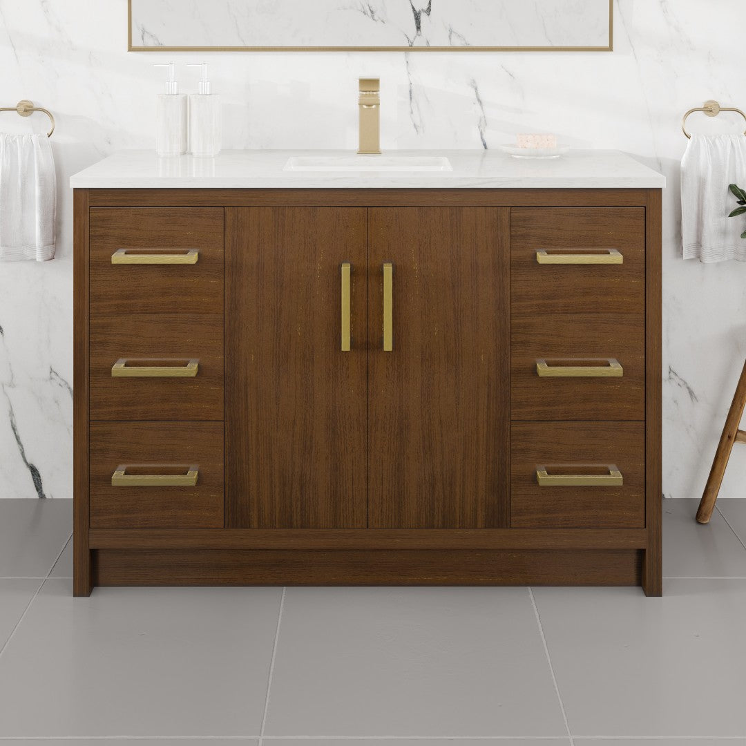 A luxurious 48 inch walnut single sink bath vanity with a white Carrara quartz countertop and undermount porcelain sink, featuring gold hardware and soft-closing dovetail drawers.