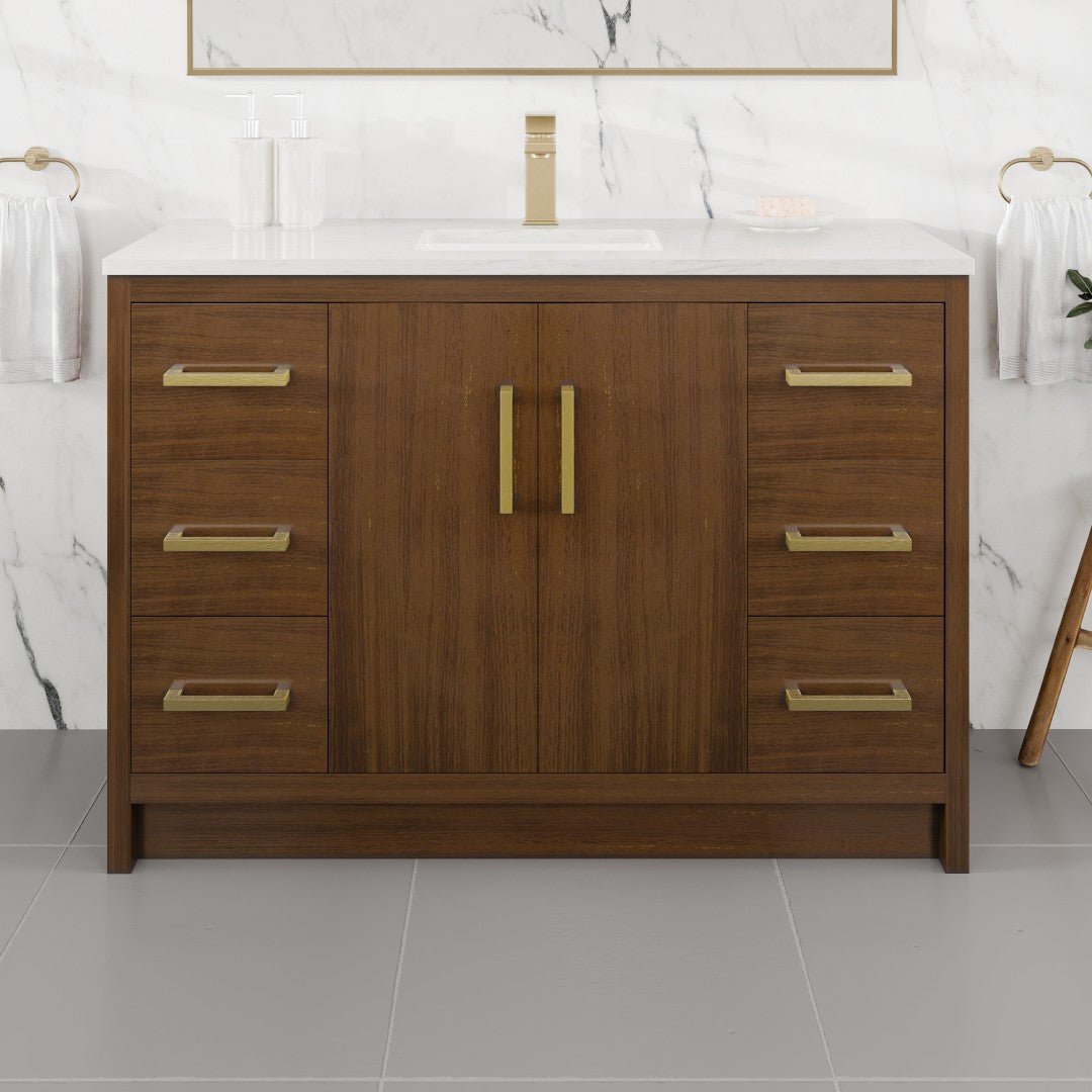 Curio 48 in. Walnut Single Sink Bath Vanity with Carrara Quartz Top and Undermount Porcelain Sink - Bathroom Vanity by Eviva