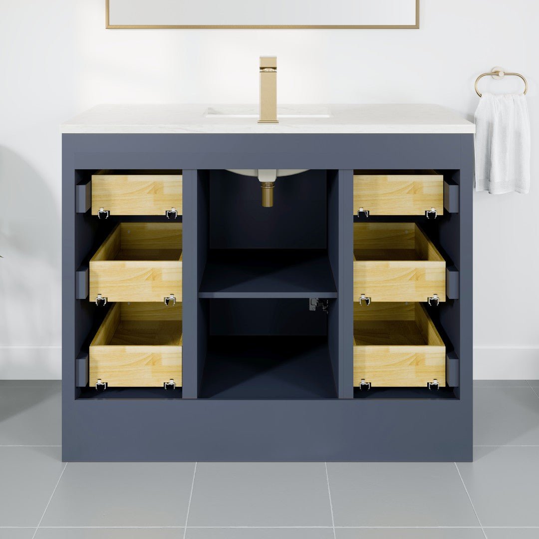 Curio 42 in. Dark Blue Single Sink Bath Vanity with Carrara Quartz Top and Undermount Porcelain Sink - Bathroom Vanity by Eviva