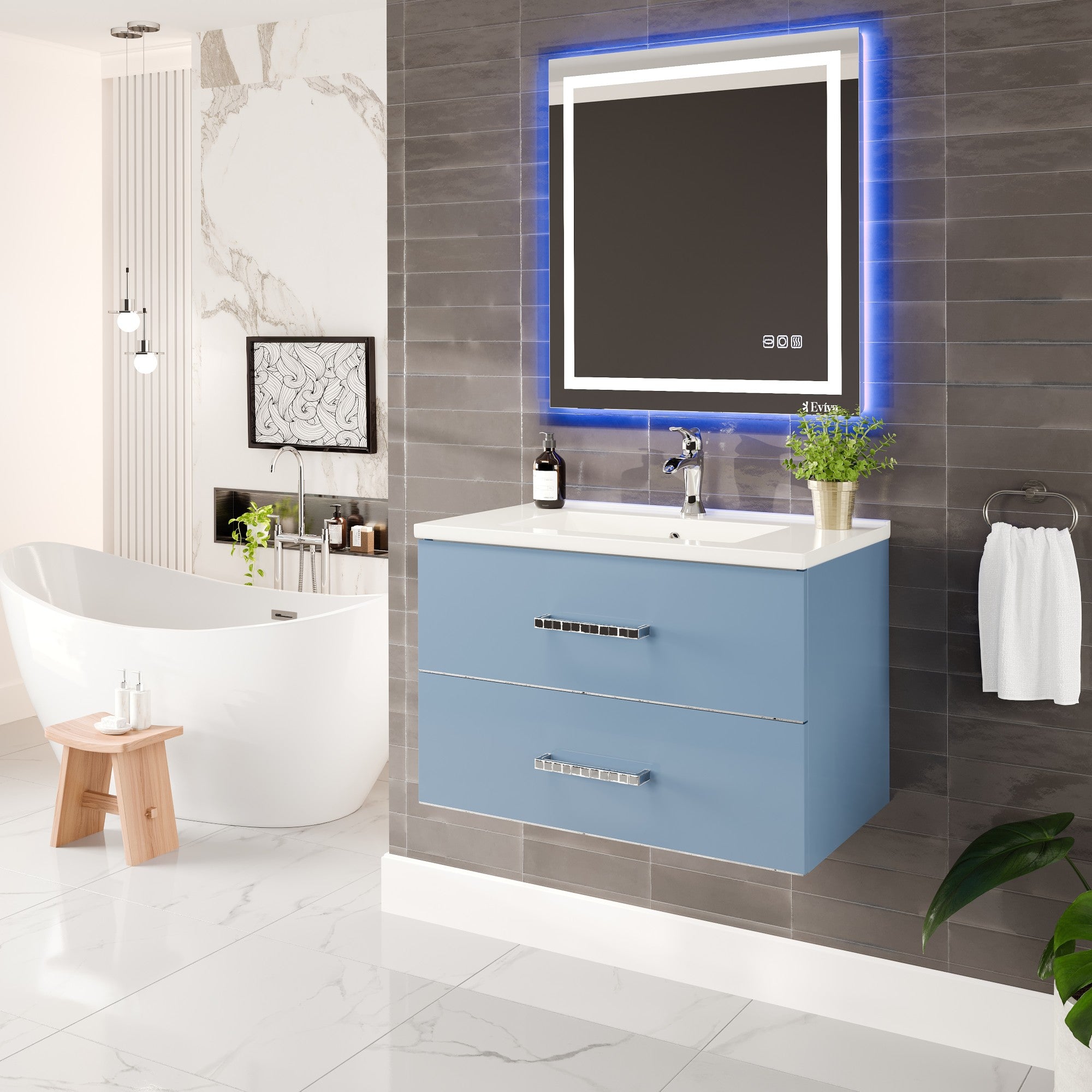Daytona 32 in. Blue Wall Mount Single Sink Bath Vanity with Porcelain Top and Integrated Sink