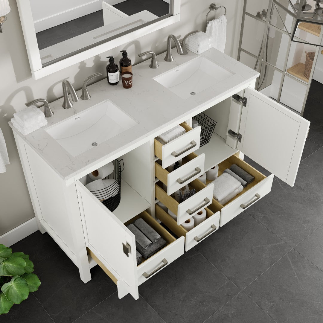Aberdeen 48 in. White Double Sink Bath Vanity with Carrara Quartz Top and Undermount Porcelain Sinks
