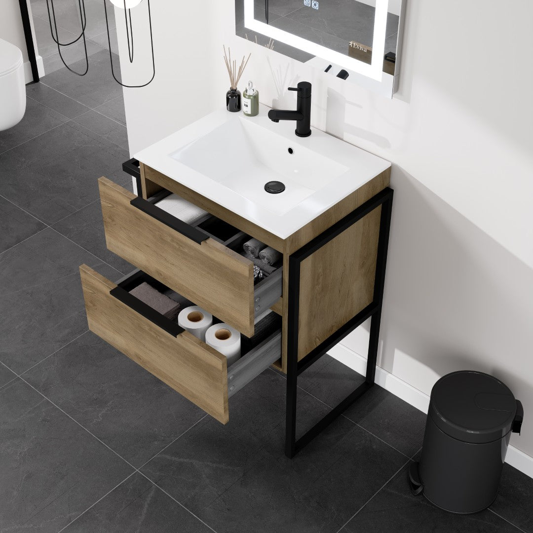 Marina 27 in. Natural Oak Single Sink Bath Vanity with Porcelain Top and Integrated Sink