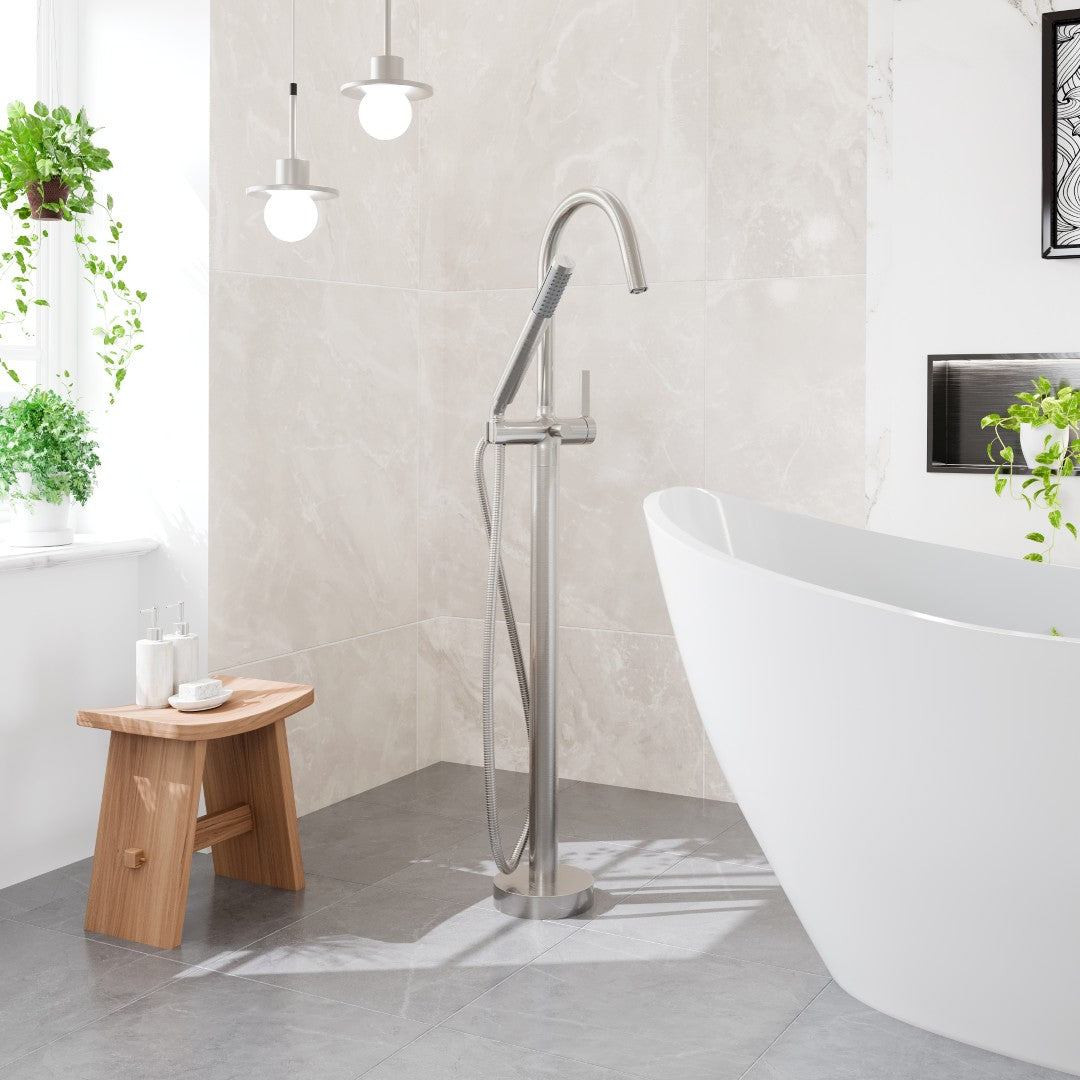 Eviva Modem Single-Handle Freestanding Tub Faucet with Hand Shower in Brushed Nickel