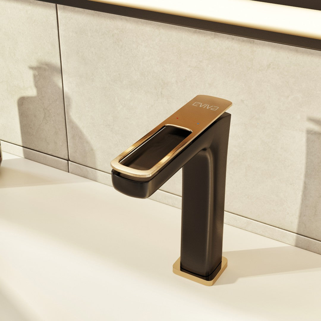 A single-handle bathroom faucet with a gold handle and matte black body, displayed against a light background.