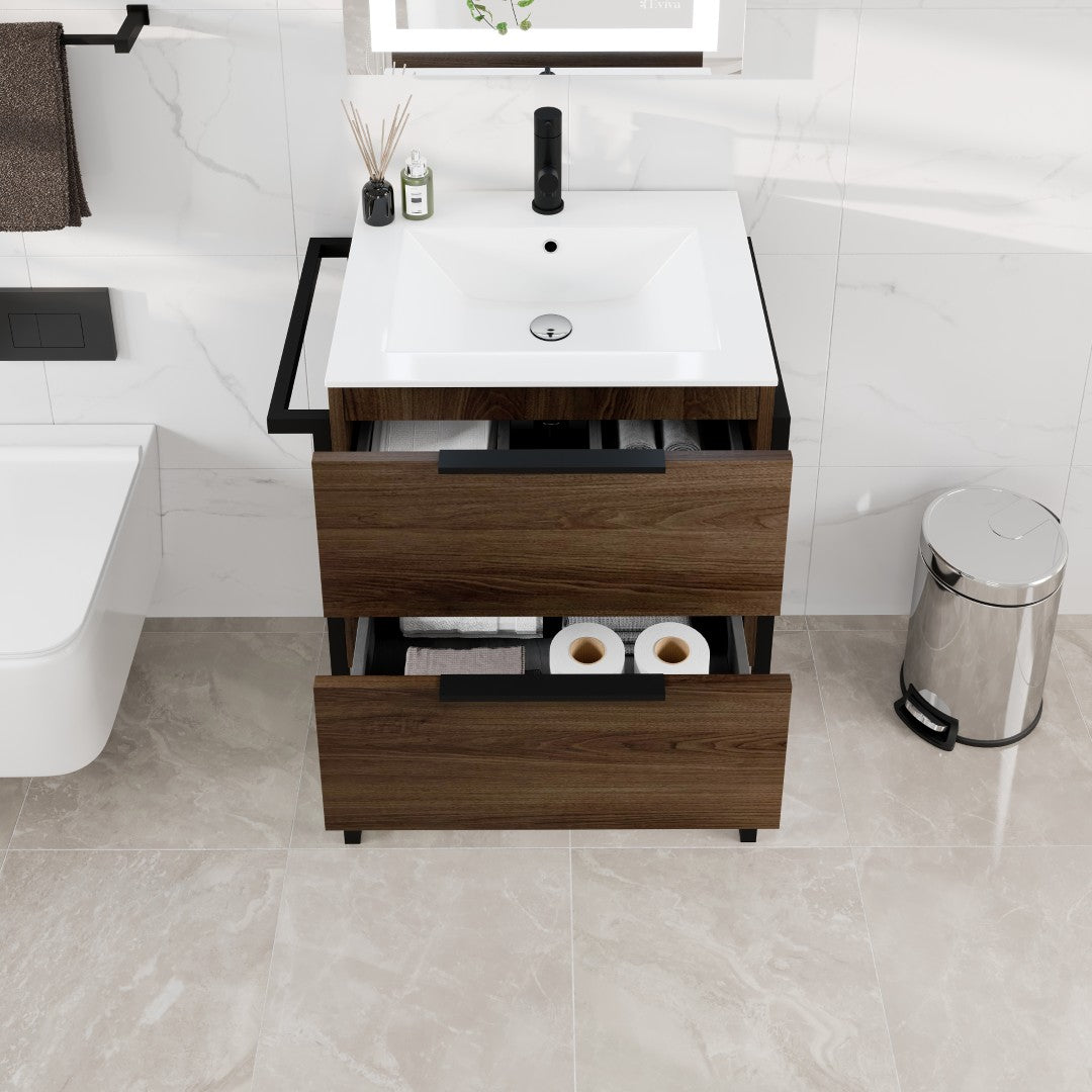 Marina 27 in. Dark Walnut Single Sink Bath Vanity with Porcelain Top and Integrated Sink