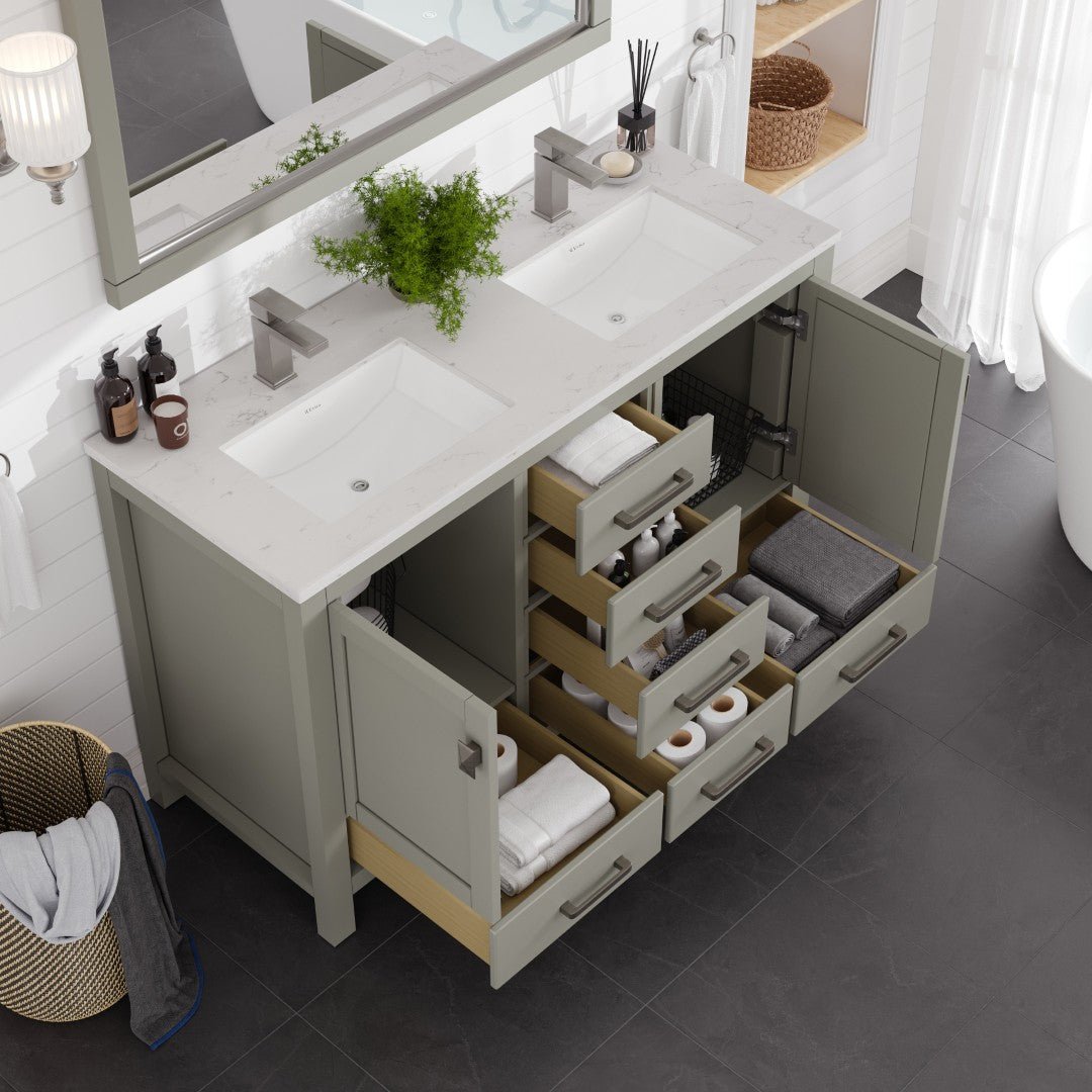London 54 in. Gray Double Sink Bath Vanity with Carrara Quartz Top and Undermount Porcelain Sinks - Bathroom Vanity by Eviva