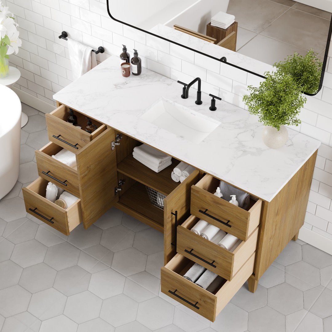 Graham 60 in. Oak Single Sink Bath Vanity with Arabescato Engineered Stone Top and Undermount Porcelain Sink - Bathroom Vanity by Eviva