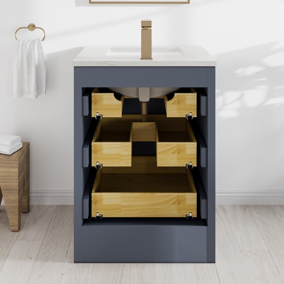 Curio 24 in. Dark Blue Single Sink Bath Vanity with Carrara Quartz Top and Undermount Porcelain Sink - Bathroom Vanity by Eviva