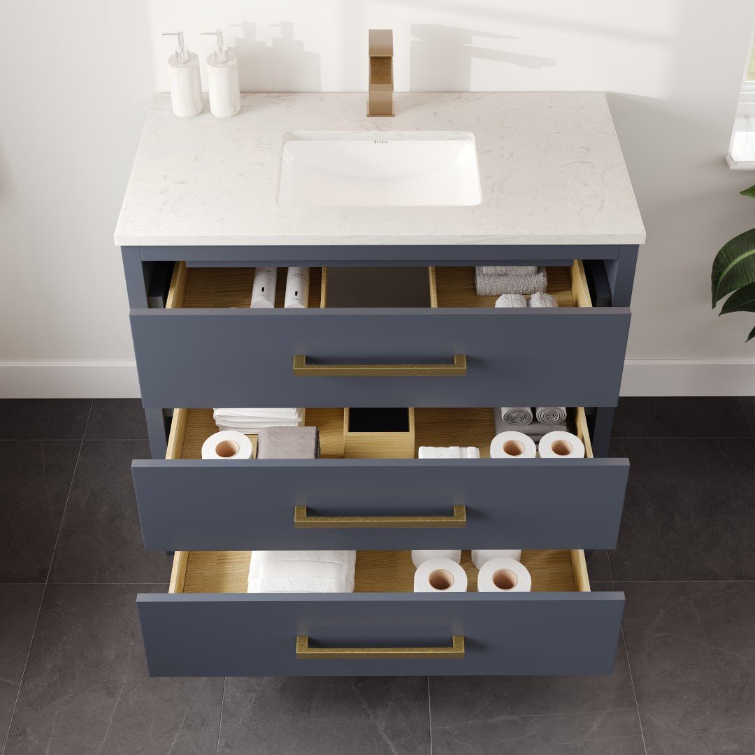 Curio 36 in. Dark Blue Single Sink Bath Vanity with Carrara Quartz Top and Undermount Porcelain Sink - Bathroom Vanity by Eviva