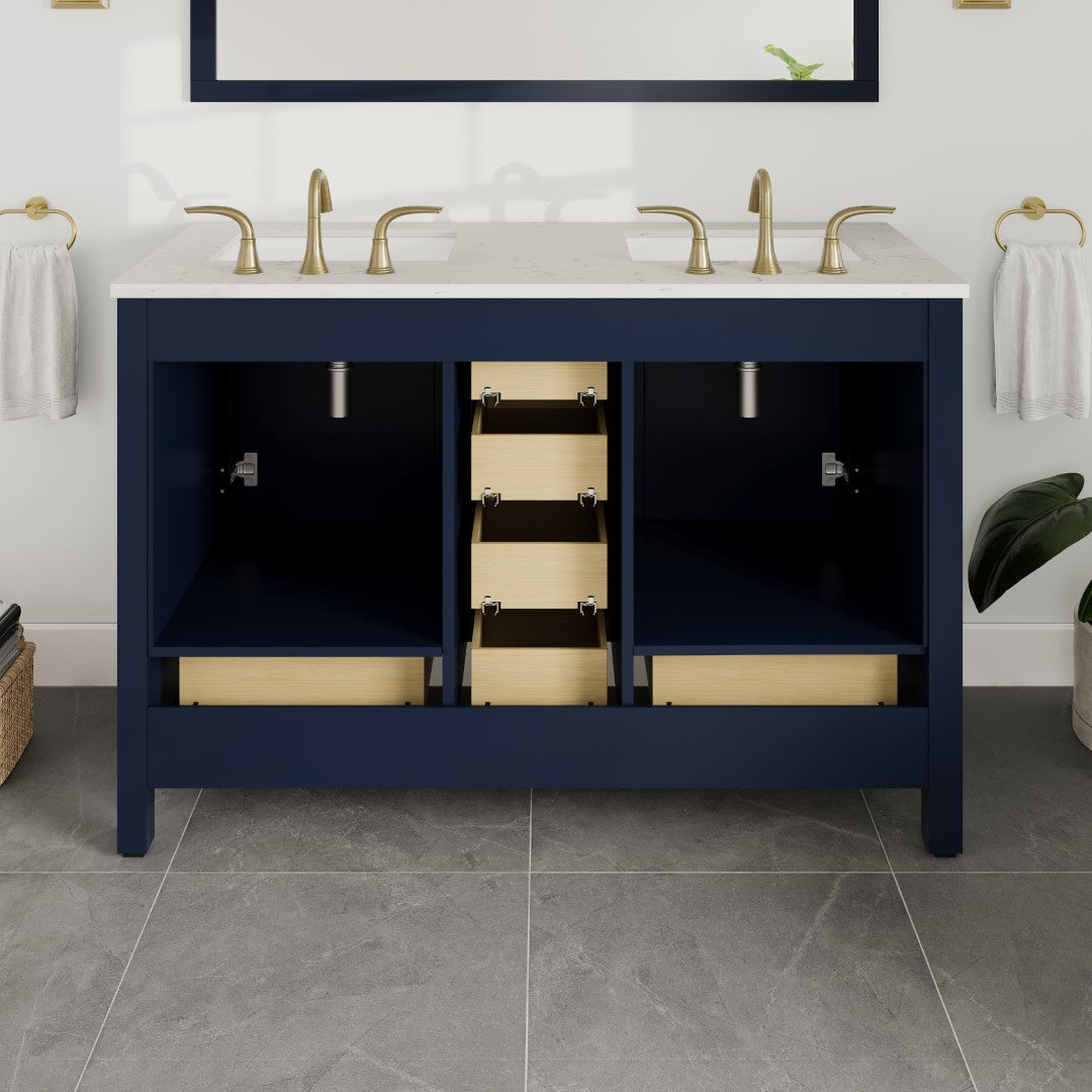 Aberdeen 48 in. Blue Double Sink Bath Vanity with Carrara Quartz Top and Undermount Porcelain Sinks