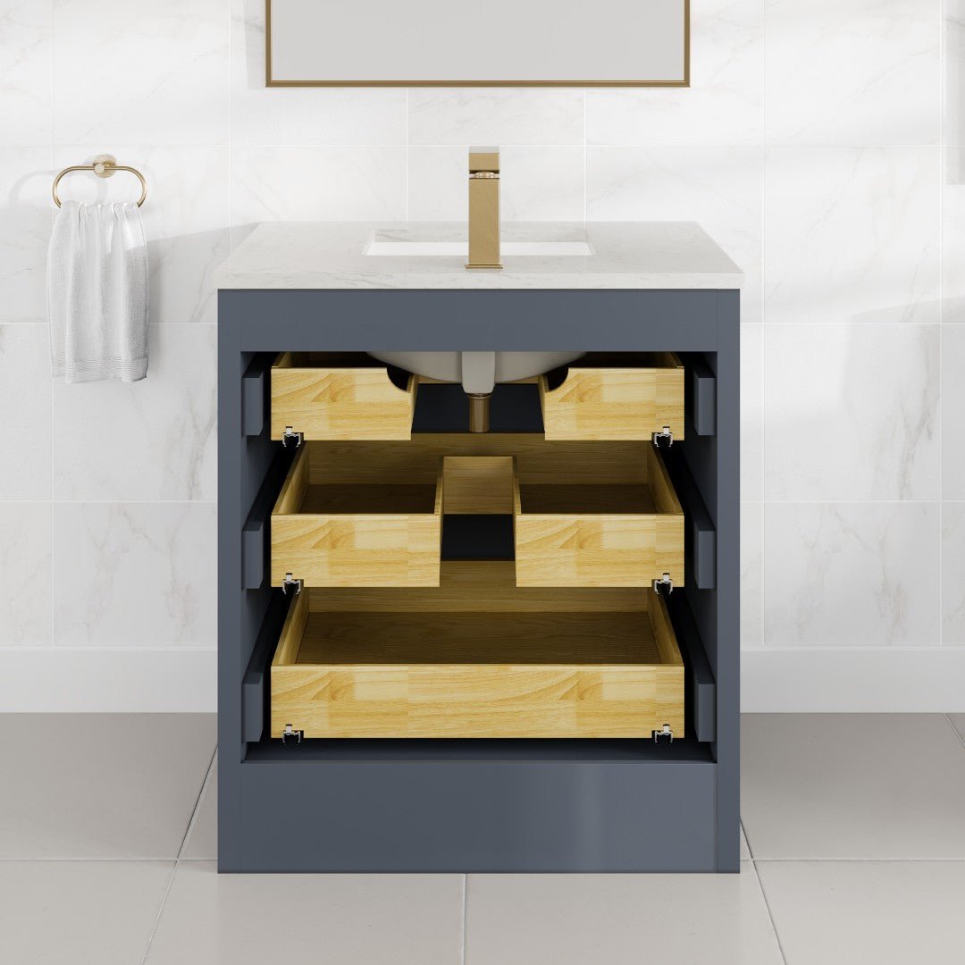 Curio 30 in. Dark Blue Single Sink Bath Vanity with Carrara Quartz Top and Undermount Porcelain Sink - Bathroom Vanity by Eviva