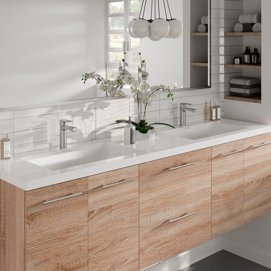 Axis 72 in. White Oak Wall Mount Double Sink Bath Vanity with Acrylic Top and Integrated Sinks