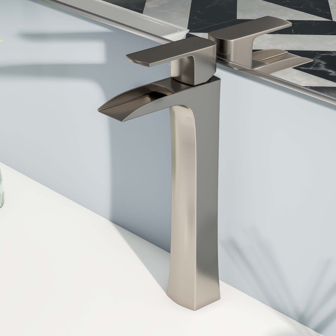 Eviva Lulu Single - Handle Waterfall - Opened Single - Hole Bathroom Vessel - Sink Faucet in Brushed Nickel - Bathroom Faucet by Eviva