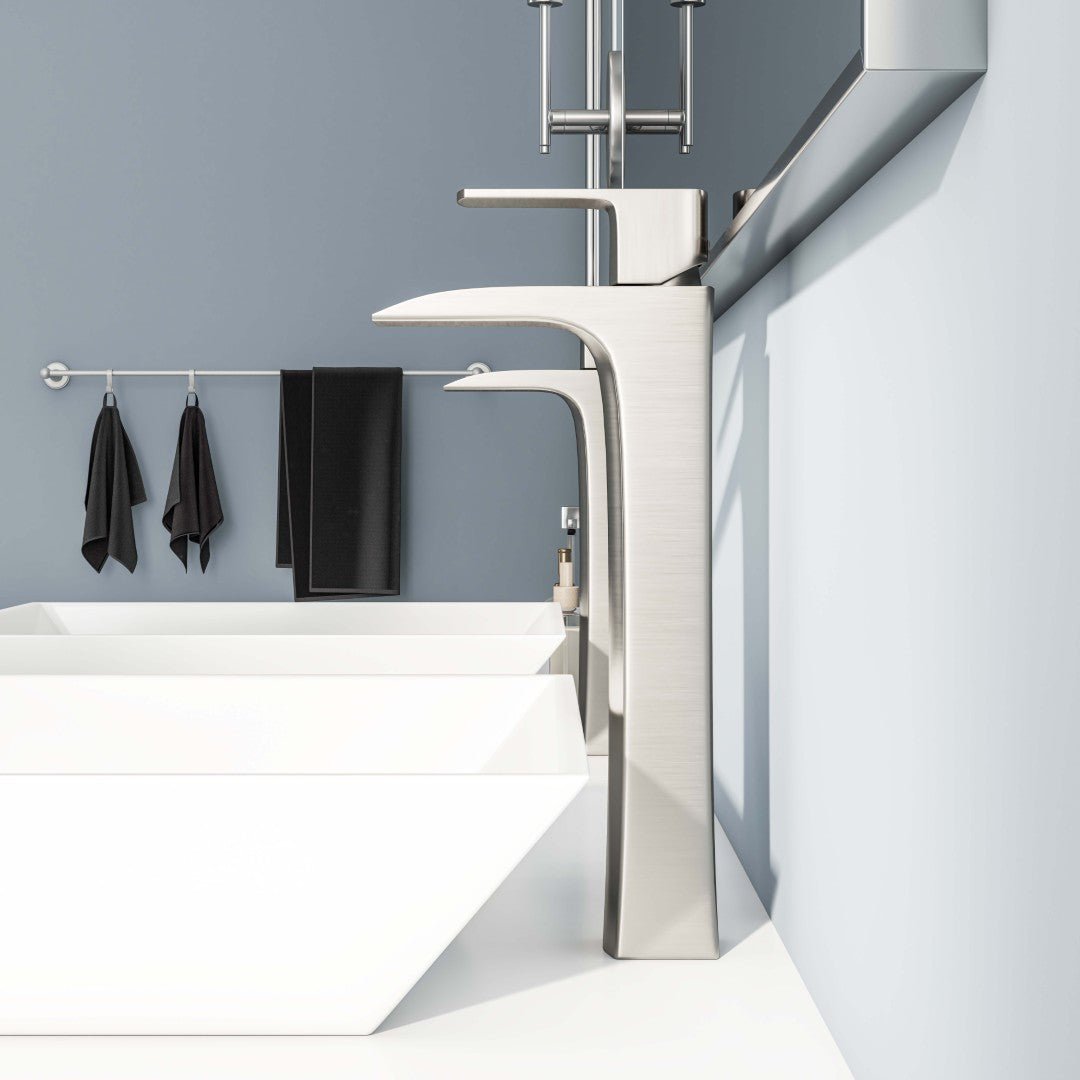 Eviva Lulu Single - Handle Waterfall - Opened Single - Hole Bathroom Vessel - Sink Faucet in Brushed Nickel - Bathroom Faucet by Eviva