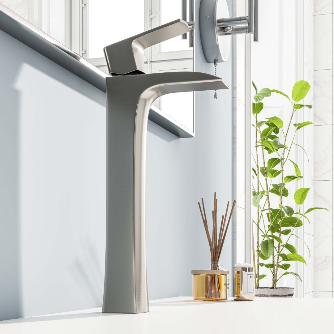 Eviva Lulu Single - Handle Waterfall - Opened Single - Hole Bathroom Vessel - Sink Faucet in Brushed Nickel - Bathroom Faucet by Eviva