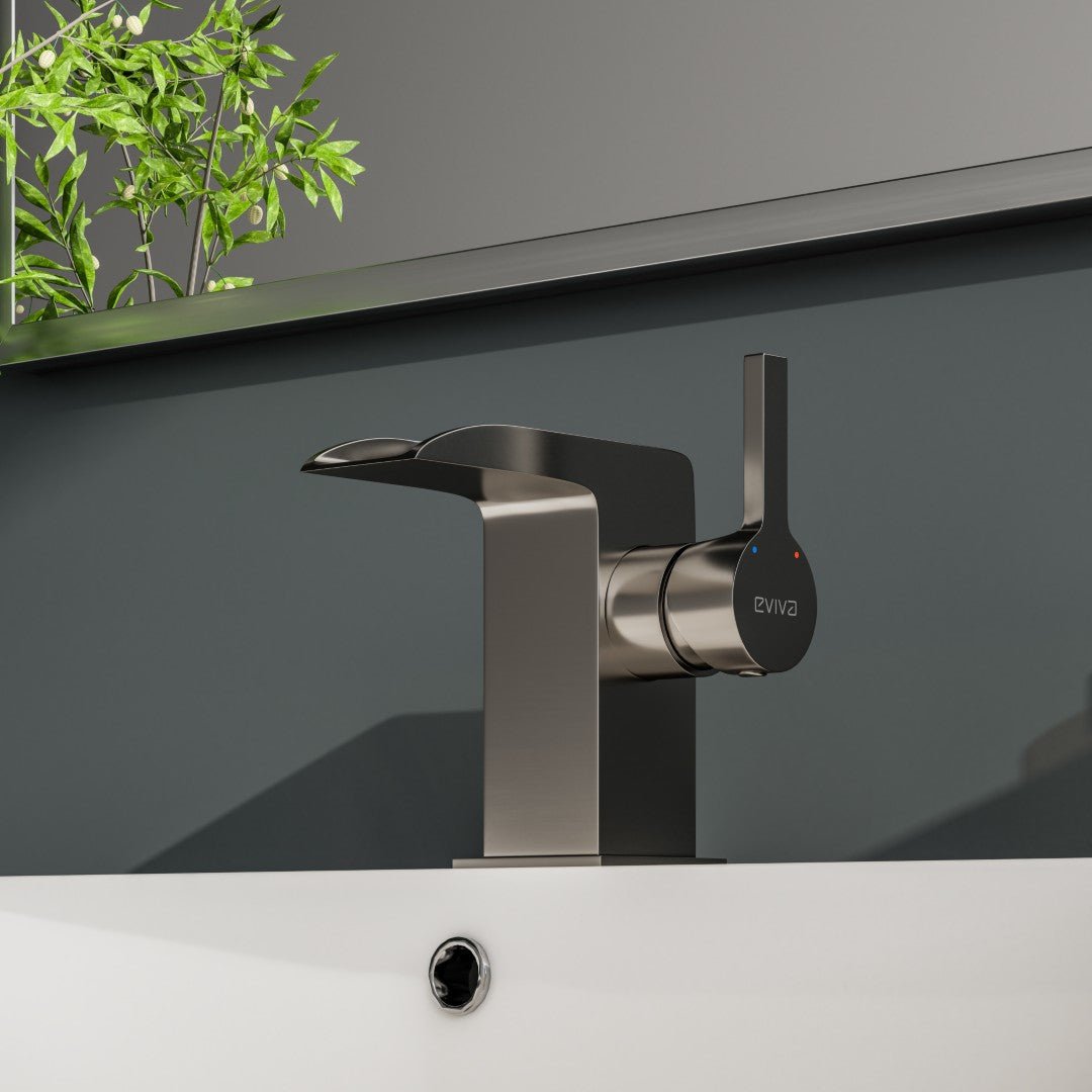 Eviva Jaida Single - Handle Waterfall - Opened Single Handle Bathroom Faucet in Brushed Nickel - Bathroom Faucet by Eviva