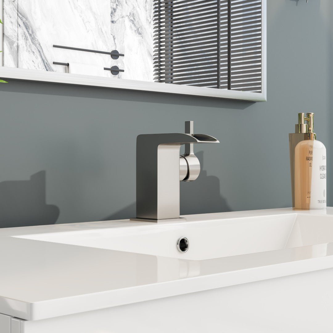 Eviva Jaida Single - Handle Waterfall - Opened Single Handle Bathroom Faucet in Brushed Nickel - Bathroom Faucet by Eviva