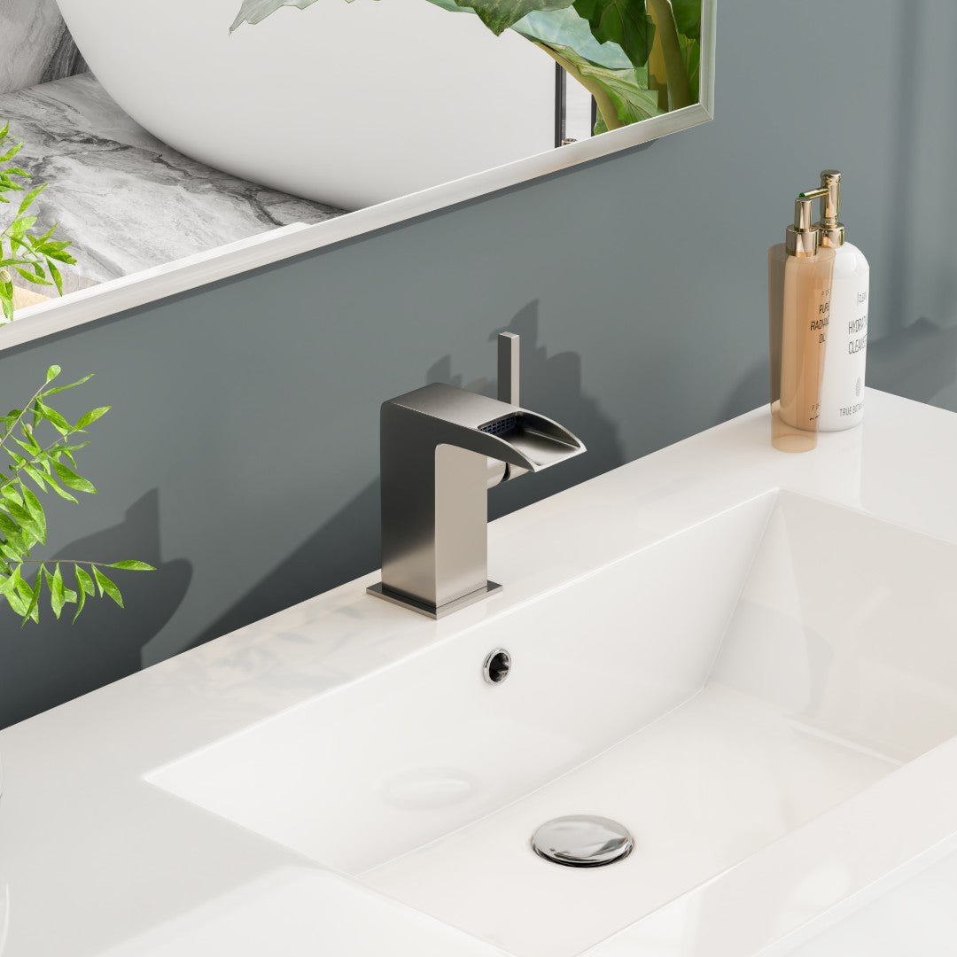 Eviva Jaida Single - Handle Waterfall - Opened Single Handle Bathroom Faucet in Brushed Nickel - Bathroom Faucet by Eviva