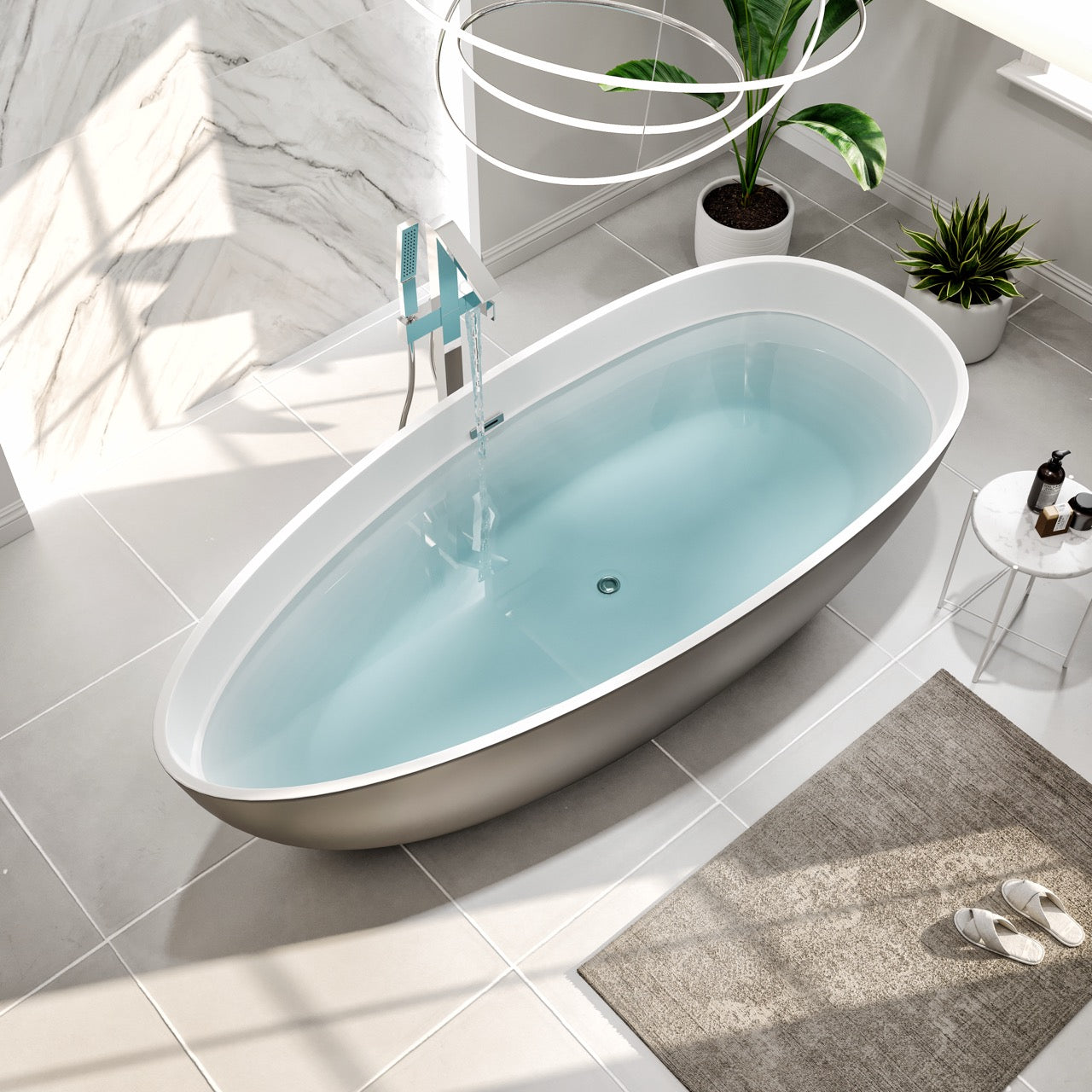 Eviva Oval freestanding bathtub filled with water in a modern bathroom.