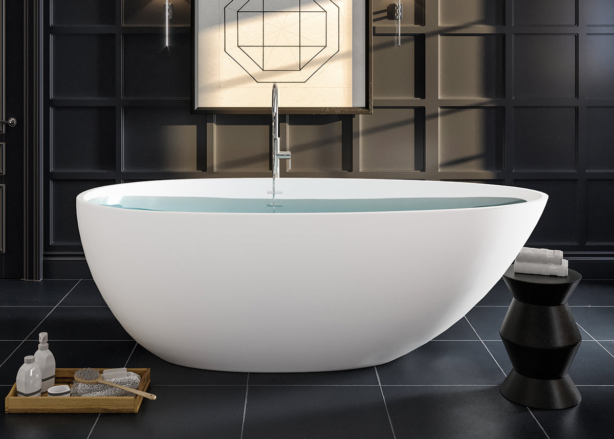 Eviva white freestanding bathtub filled with water in a modern bathroom.