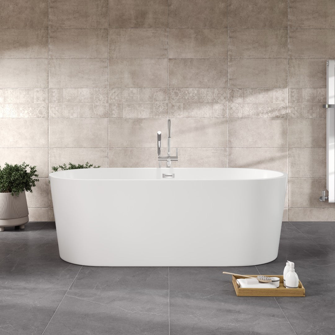 A glossy white acrylic oval freestanding bathtub named Eviva Aura, positioned in a bathroom with a modern design.