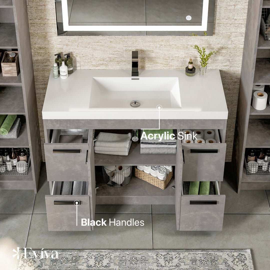 Lugano 42 in. Concrete Gray Single Sink Bath Vanity with Acrylic Top and Integrated Sink - Bathroom Vanity by Eviva
