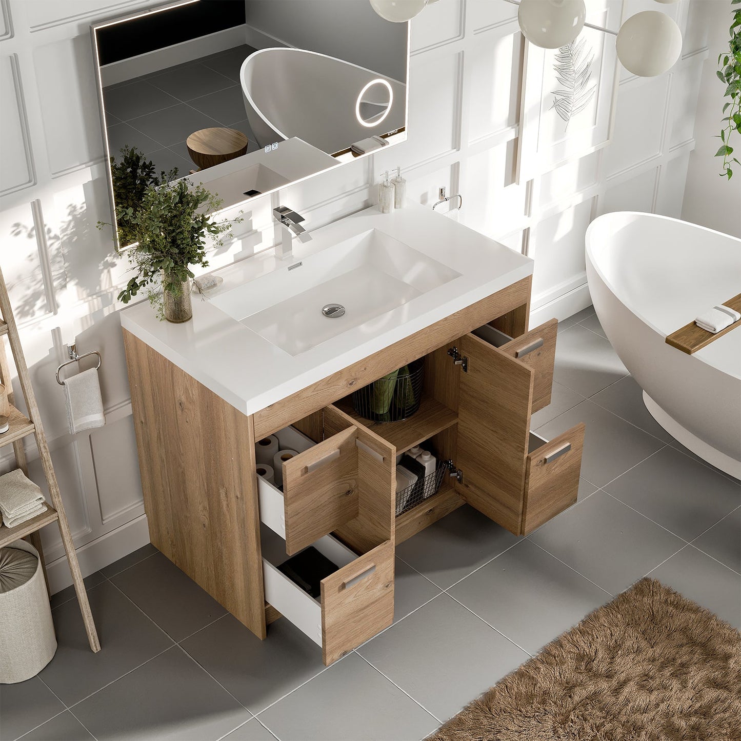 Lugano 42"W x 20" D Natural Oak Bathroom Vanity with Acrylic Countertop and Integrated Sink