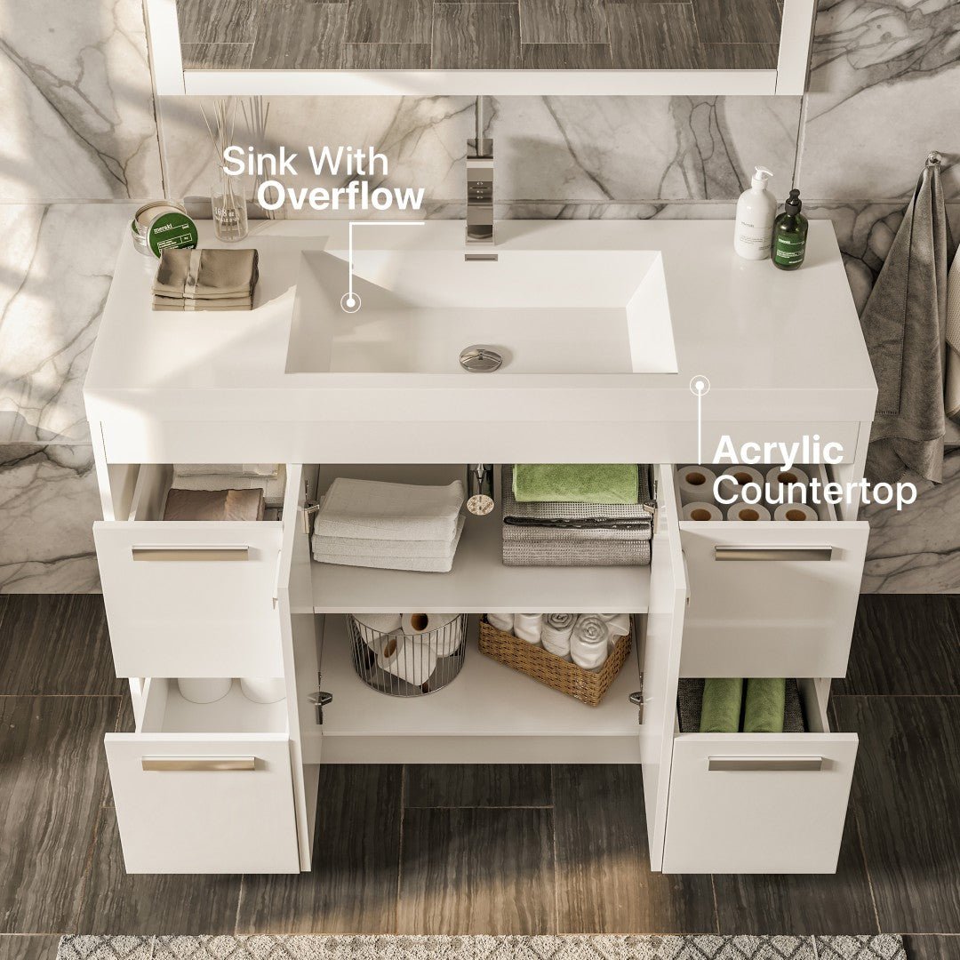Lugano 42 in. White Single Sink Bath Vanity with Acrylic Top and Integrated Sink - Bathroom Vanity by Eviva